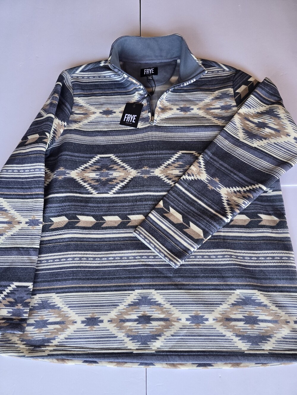 FRYE Men's Blue, Cream and Tan Patterned Quarter-Zip Pullover XL